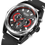 MEGIR 2135 men's chronograph watch, black case with black dial and black leather strap, three-quarter view