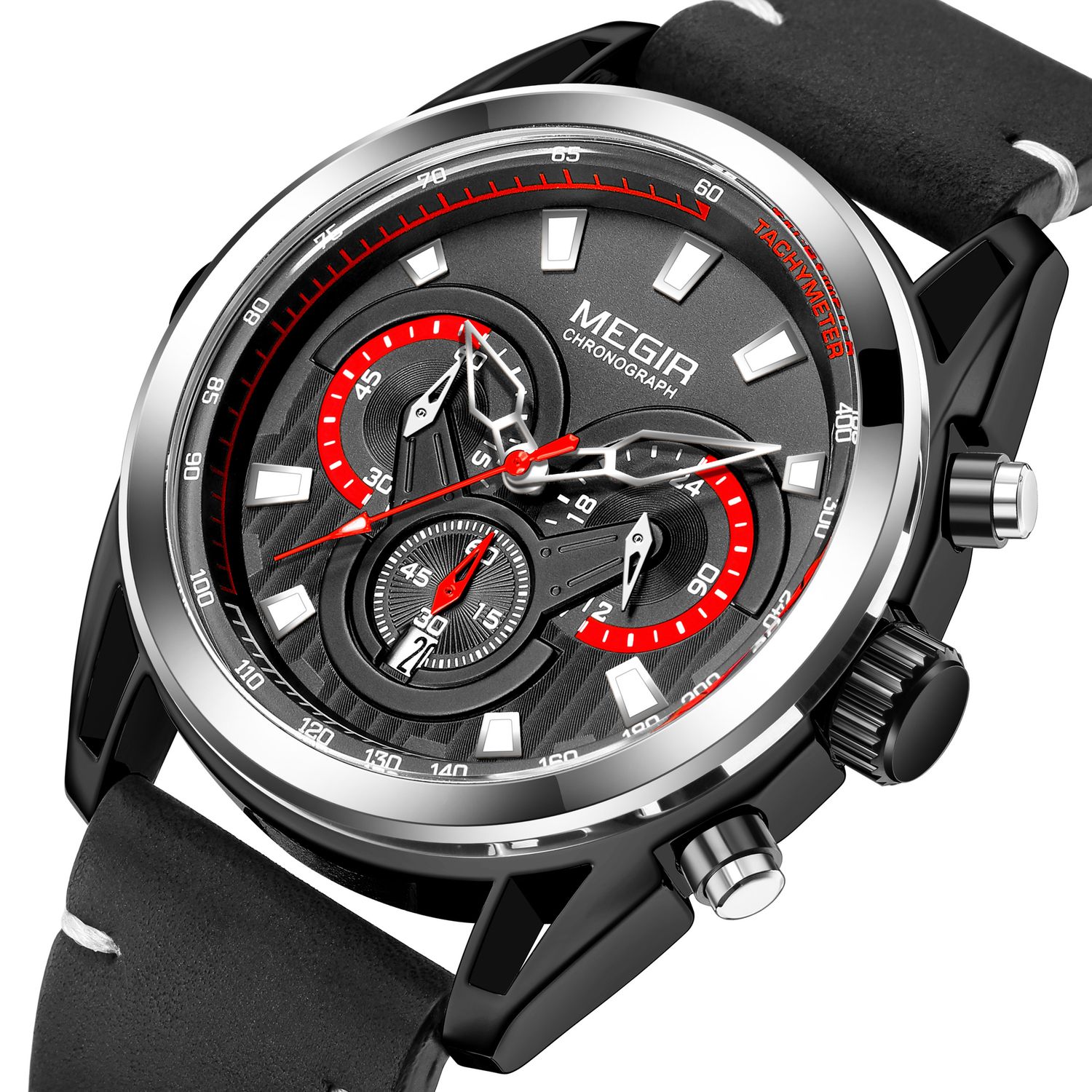 MEGIR 2135 men's chronograph watch, black case with black dial and black leather strap, three-quarter view