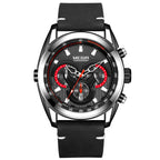 MEGIR 2135 men's chronograph watch, black case with black dial and black leather strap, front studio view