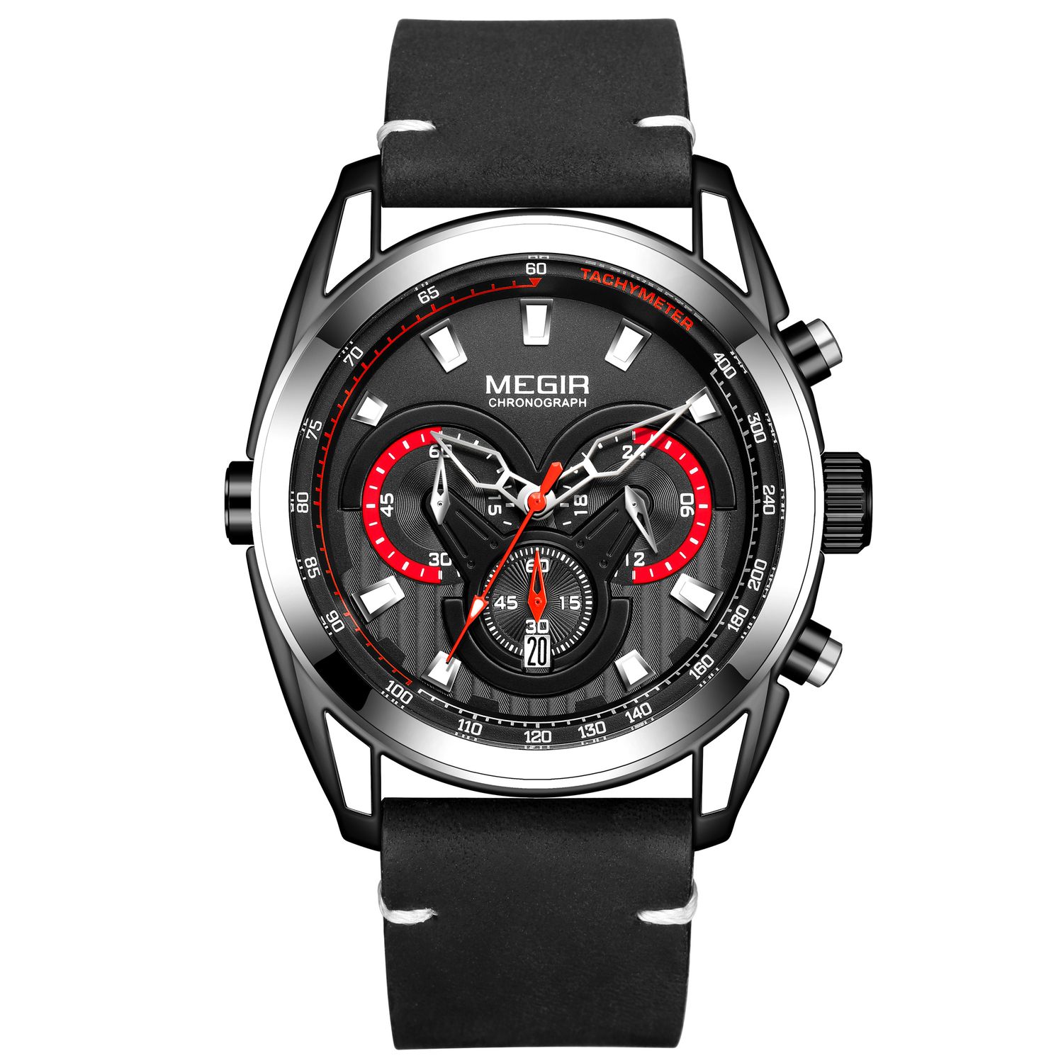 MEGIR 2135 men's chronograph watch, black case with black dial and black leather strap, front studio view
