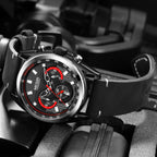 MEGIR 2135 men's chronograph watch, black case with black dial and black leather strap, angled view