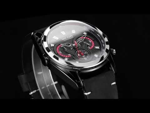 MEGIR 2135 men's chronograph watch product video thumbnail, black case with black leather strap