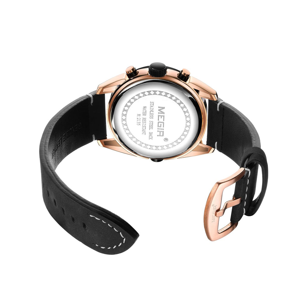 MEGIR 2135 men's chronograph watch caseback with engravings and black leather strap with buckle