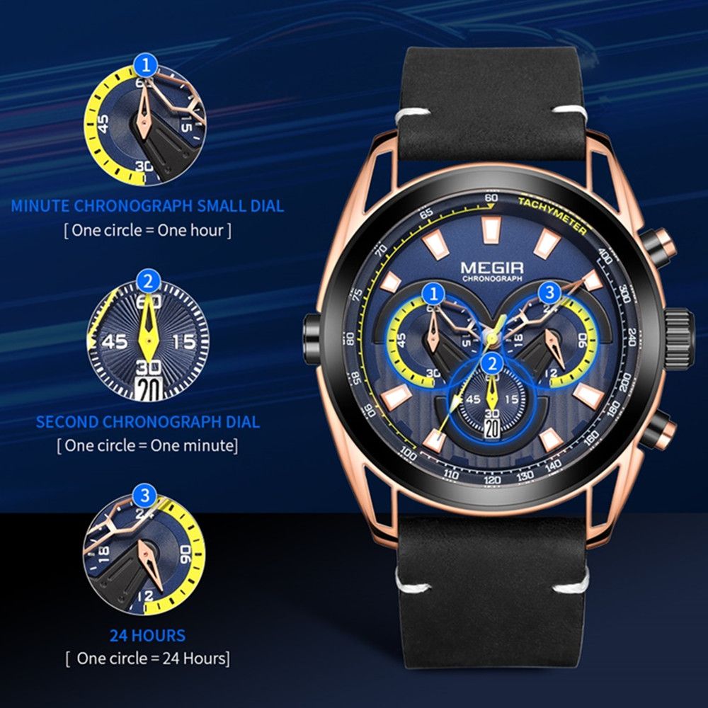 MEGIR 2135 men's chronograph watch feature graphic explaining the minute, second and 24-hour sub-dials