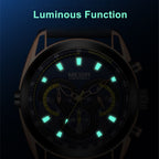 MEGIR 2135 men's chronograph watch feature graphic showing luminous hands and markers glowing in the dark