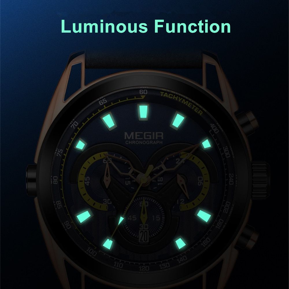 MEGIR 2135 men's chronograph watch feature graphic showing luminous hands and markers glowing in the dark