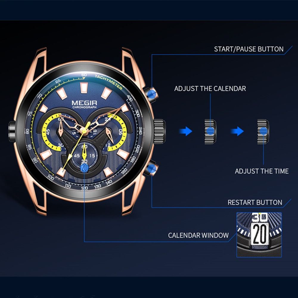 MEGIR 2135 men's chronograph watch operation graphic showing the start, calendar and reset buttons