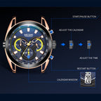MEGIR 2135 men's chronograph watch operation graphic showing the start, calendar and reset buttons