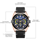 MEGIR 2135 men's chronograph watch parameters graphic with band width, case diameter and total length