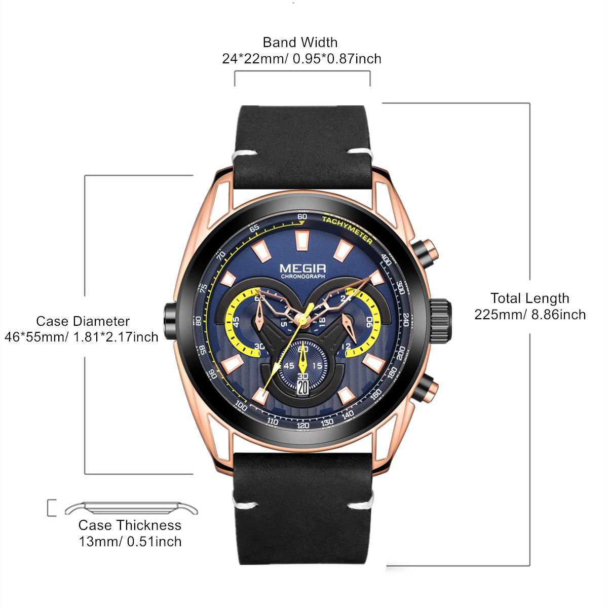 MEGIR 2135 men's chronograph watch parameters graphic with band width, case diameter and total length