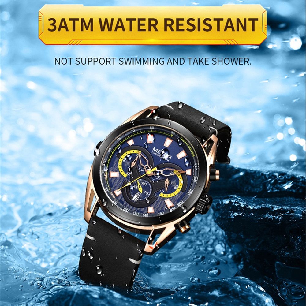 MEGIR 2135 men's chronograph watch water-resistance graphic, rose-gold case with blue dial and leather strap