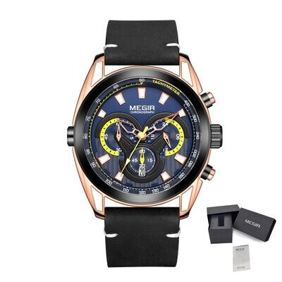 MEGIR 2135 men's chronograph watch, rose-gold case with blue dial and black leather strap, with gift box