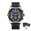 MEGIR 2135 men's chronograph watch, rose-gold case with blue dial and black leather strap, with gift box