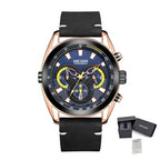 MEGIR 2135 men's chronograph watch, rose-gold case with blue dial and black leather strap, with gift box