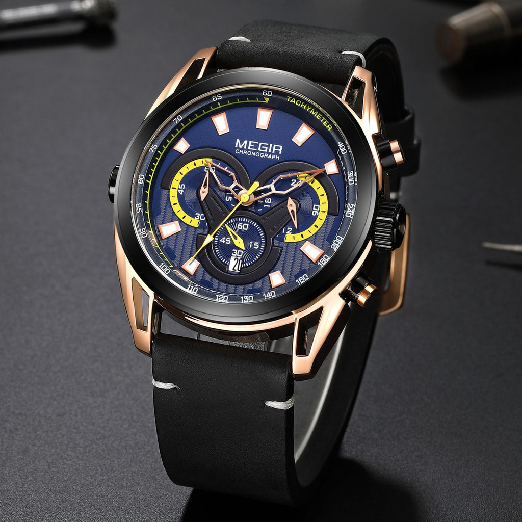 MEGIR 2135 men's chronograph watch, rose-gold case with blue dial and black leather strap, angled view