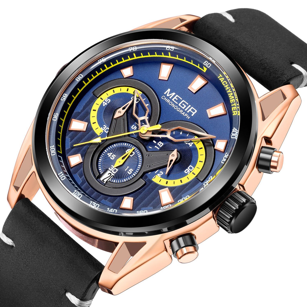 MEGIR 2135 men's chronograph watch, rose-gold case with blue dial and black leather strap, three-quarter view