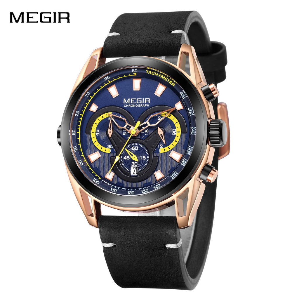 MEGIR 2135 men's chronograph watch, rose-gold case with blue dial and black leather strap, front studio view