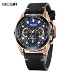 MEGIR 2135 men's chronograph watch, rose-gold case with blue dial and black leather strap, front studio view