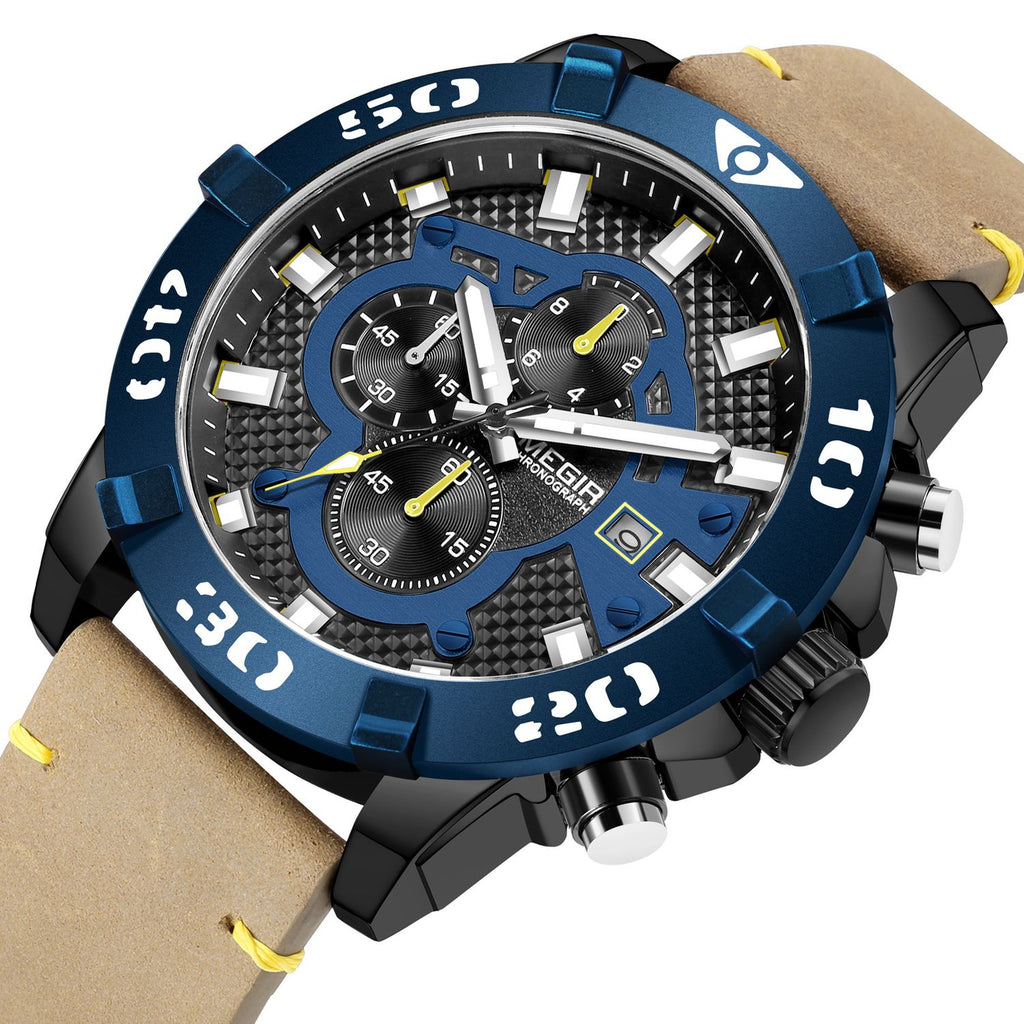 MEGIR 2136 men's chronograph watch, blue bezel with black dial and brown leather strap, angled view