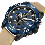 MEGIR 2136 men's chronograph watch, blue bezel with black dial and brown leather strap, angled view