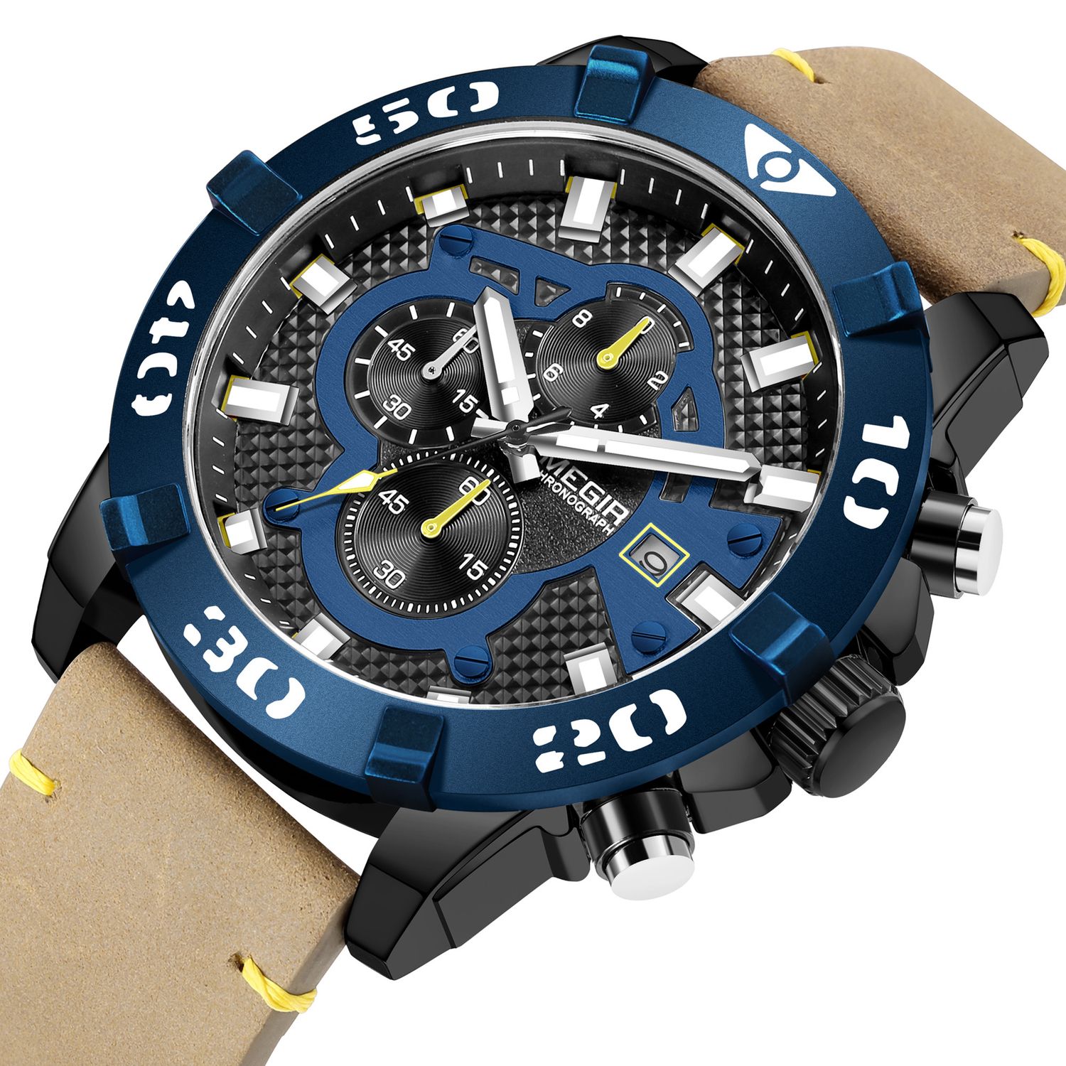 MEGIR 2136 men's chronograph watch, blue bezel with black dial and brown leather strap, angled view