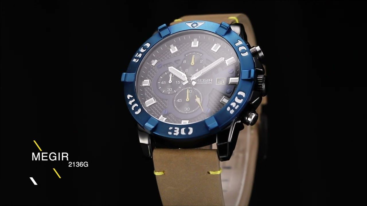 MEGIR 2136 men's chronograph watch product video thumbnail, blue bezel with brown leather strap