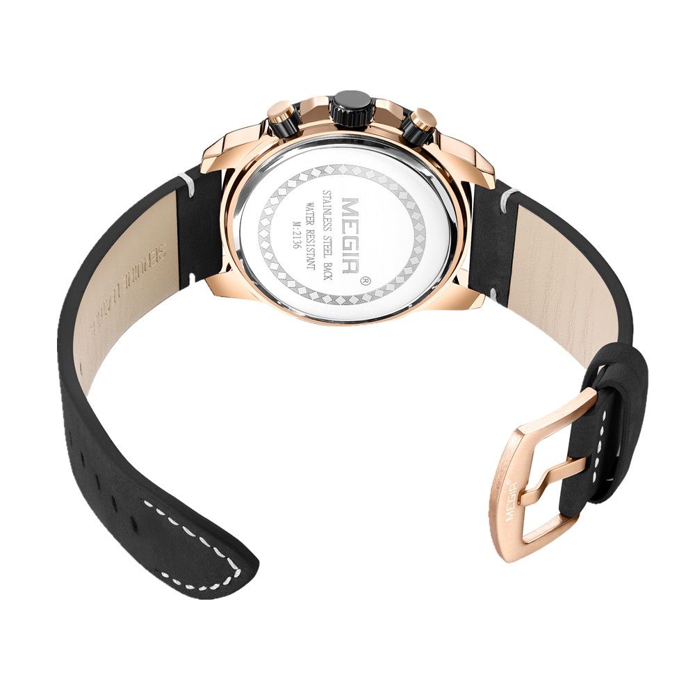 MEGIR 2136 men's chronograph watch caseback with engravings and black leather strap with buckle