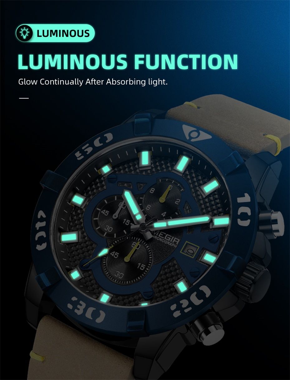 MEGIR 2136 men's chronograph watch feature graphic showing luminous hands and markers glowing in the dark