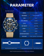 MEGIR 2136 men's chronograph watch parameters graphic with band width, case diameter and thickness
