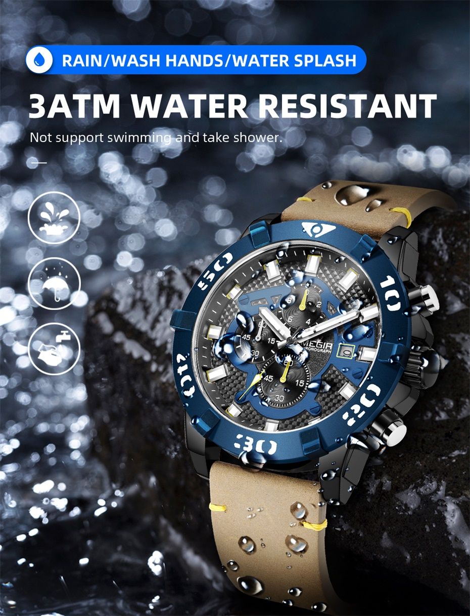 MEGIR 2136 men's chronograph watch water-resistance graphic noting rain, handwashing and splash only