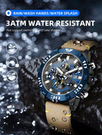 MEGIR 2136 men's chronograph watch water-resistance graphic noting rain, handwashing and splash only