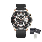 MEGIR 2136 men's chronograph watch, rose-gold case with black dial and black leather strap, with gift box