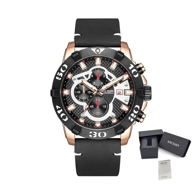 MEGIR 2136 men's chronograph watch, rose-gold case with black dial and black leather strap, with gift box