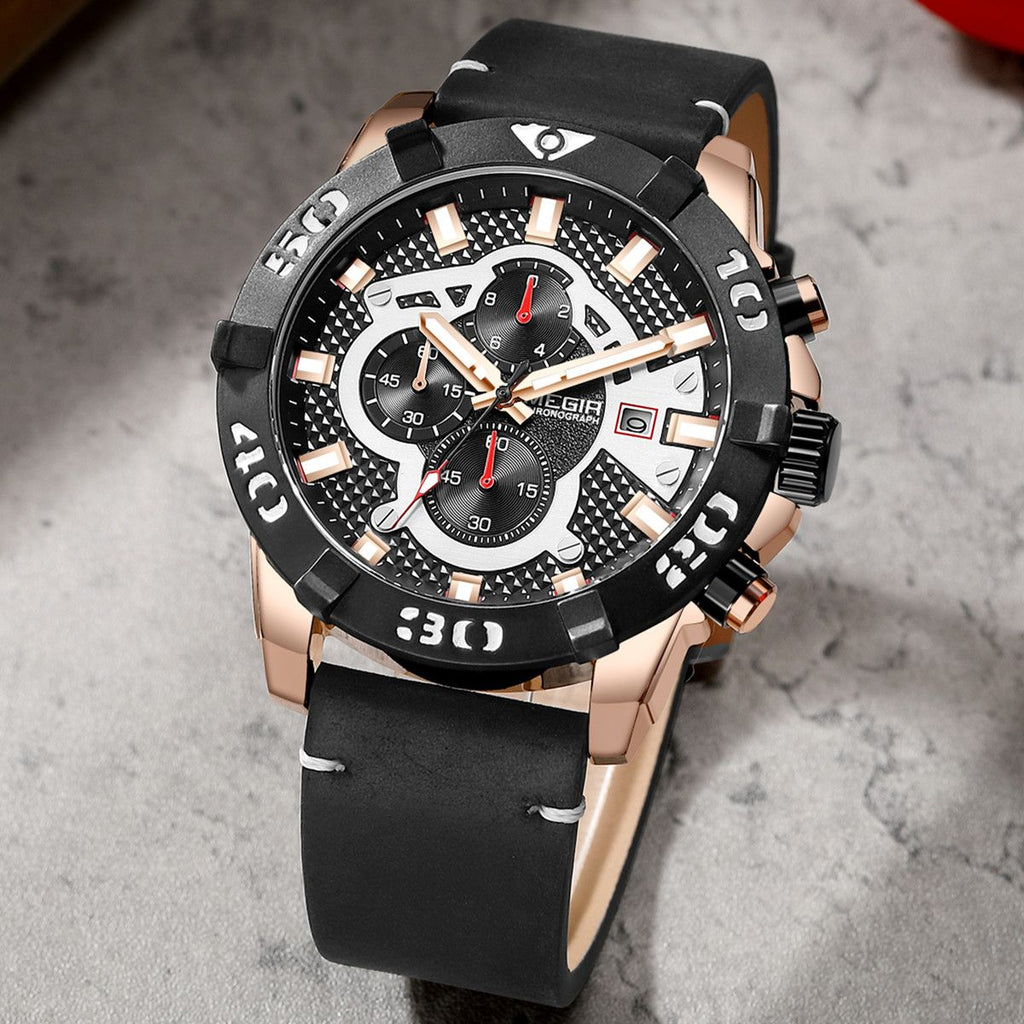 MEGIR 2136 men's chronograph watch, rose-gold case with black dial and black leather strap, angled view