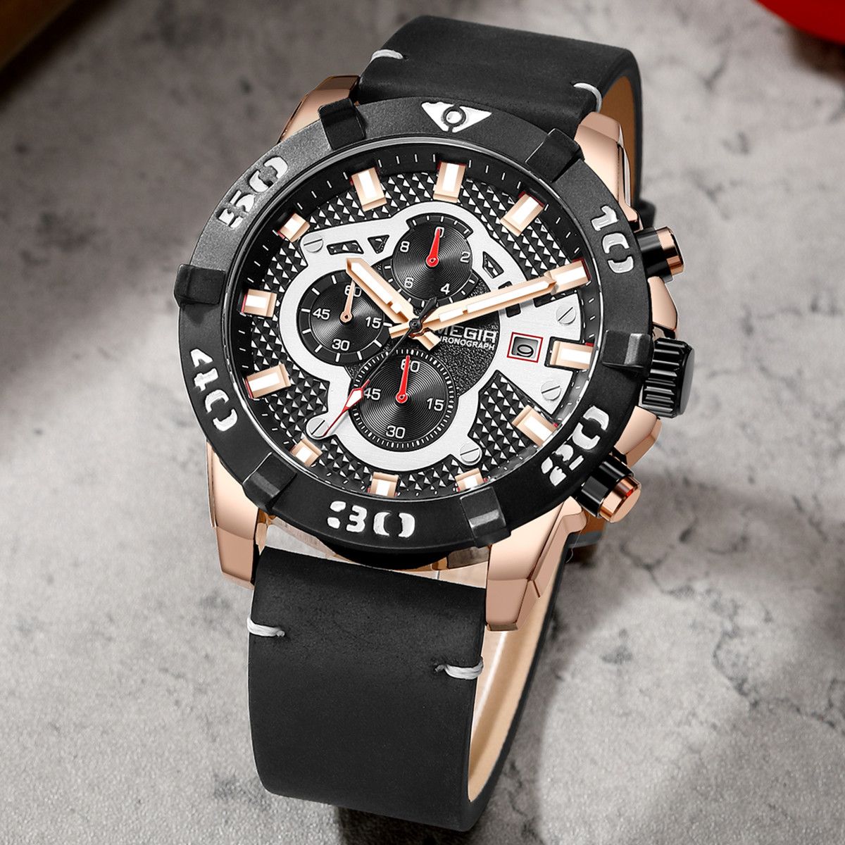 MEGIR 2136 men's chronograph watch, rose-gold case with black dial and black leather strap, angled view