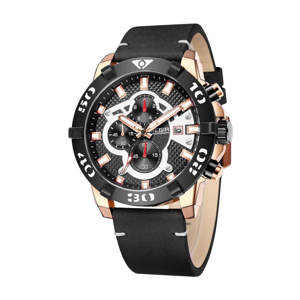 MEGIR 2136 men's chronograph watch, rose-gold case with black dial and black leather strap, three-quarter view