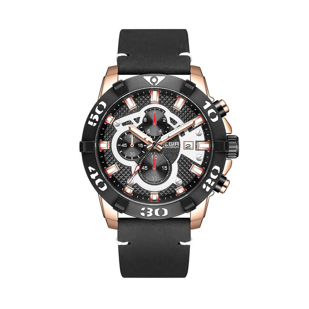 MEGIR 2136 men's chronograph watch, rose-gold case with black dial and black leather strap, front view