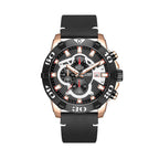 MEGIR 2136 men's chronograph watch, rose-gold case with black dial and black leather strap, front view
