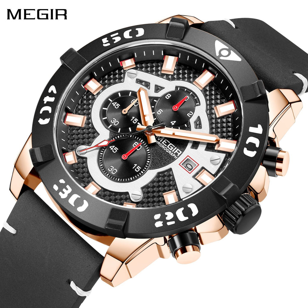 MEGIR 2136 men's chronograph watch, rose-gold case with black dial and black leather strap, front studio view