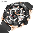 MEGIR 2136 men's chronograph watch, rose-gold case with black dial and black leather strap, front studio view