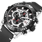 MEGIR 2136 men's chronograph watch, silver case with black dial and black leather strap, angled view