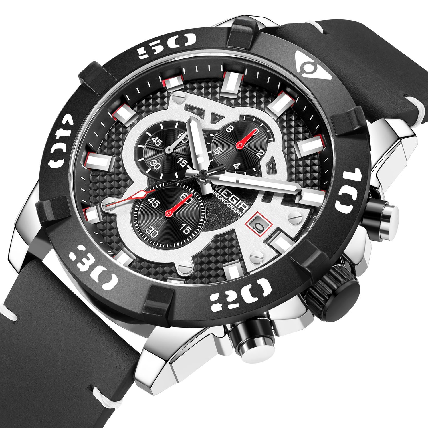 MEGIR 2136 men's chronograph watch, silver case with black dial and black leather strap, angled view