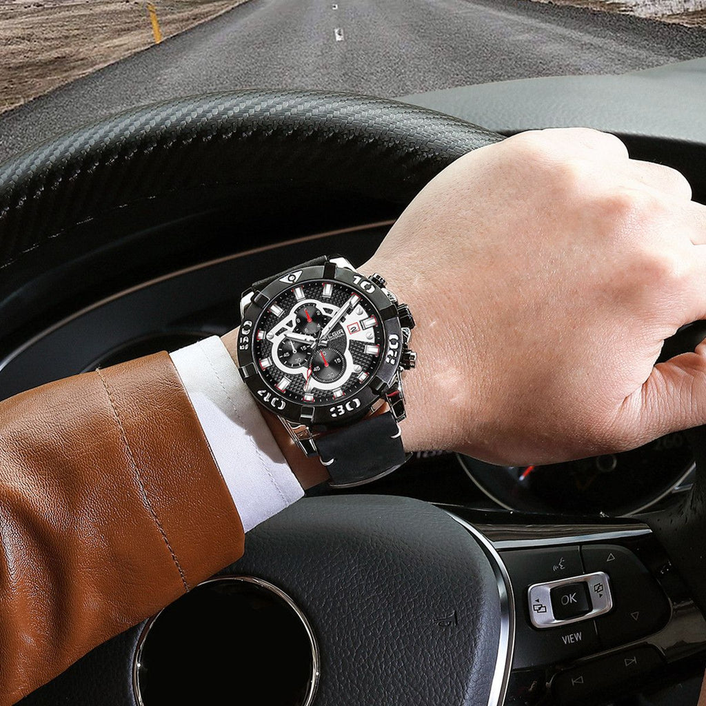 MEGIR 2136 men's chronograph watch on the wrist, silver case with black dial and black leather strap