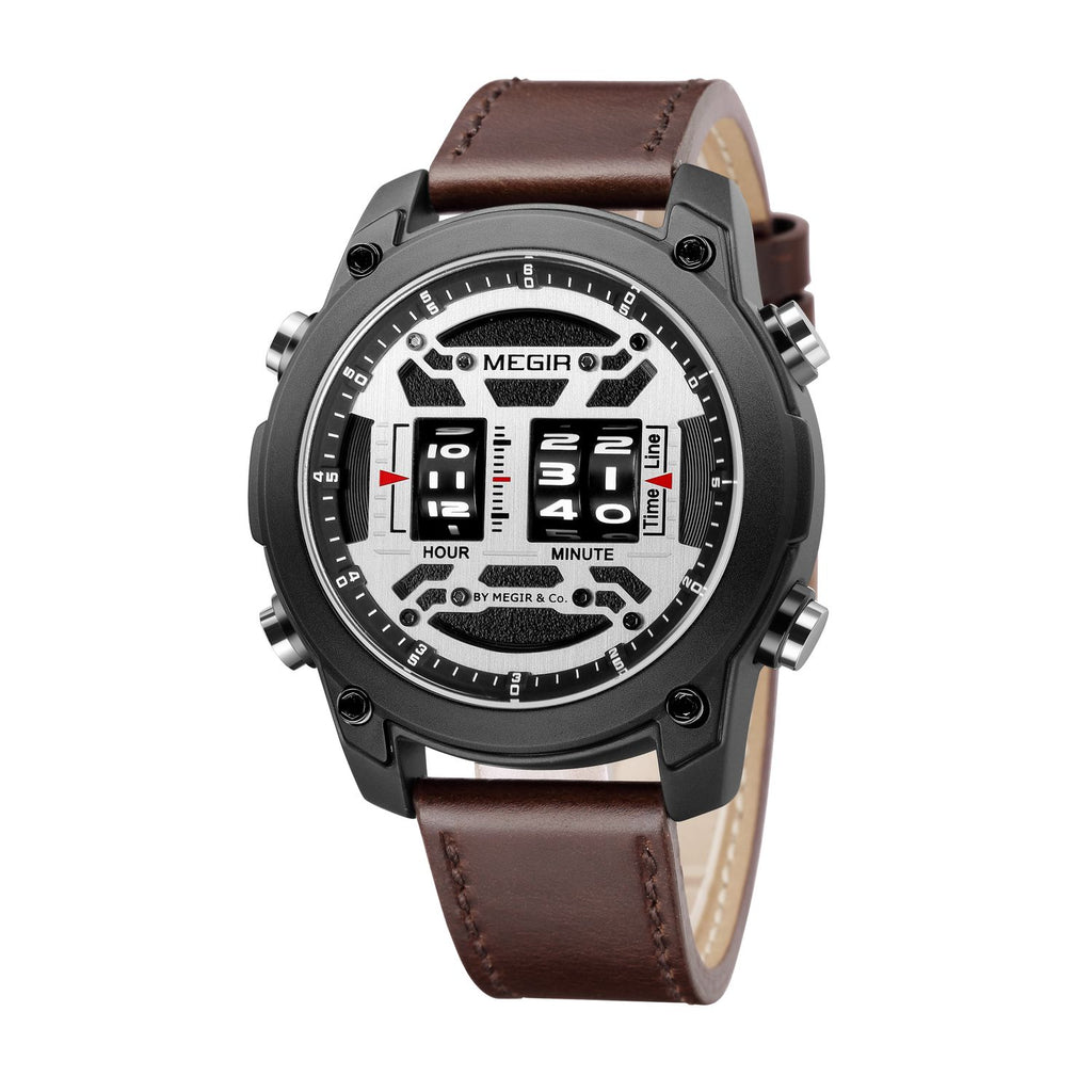 MEGIR 2142 men's sport watch, gunmetal case with white roller-barrel dial and brown leather strap, three-quarter view