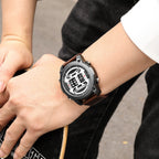 MEGIR 2142 men's sport watch on the wrist, gunmetal case with white roller-barrel dial and brown leather strap