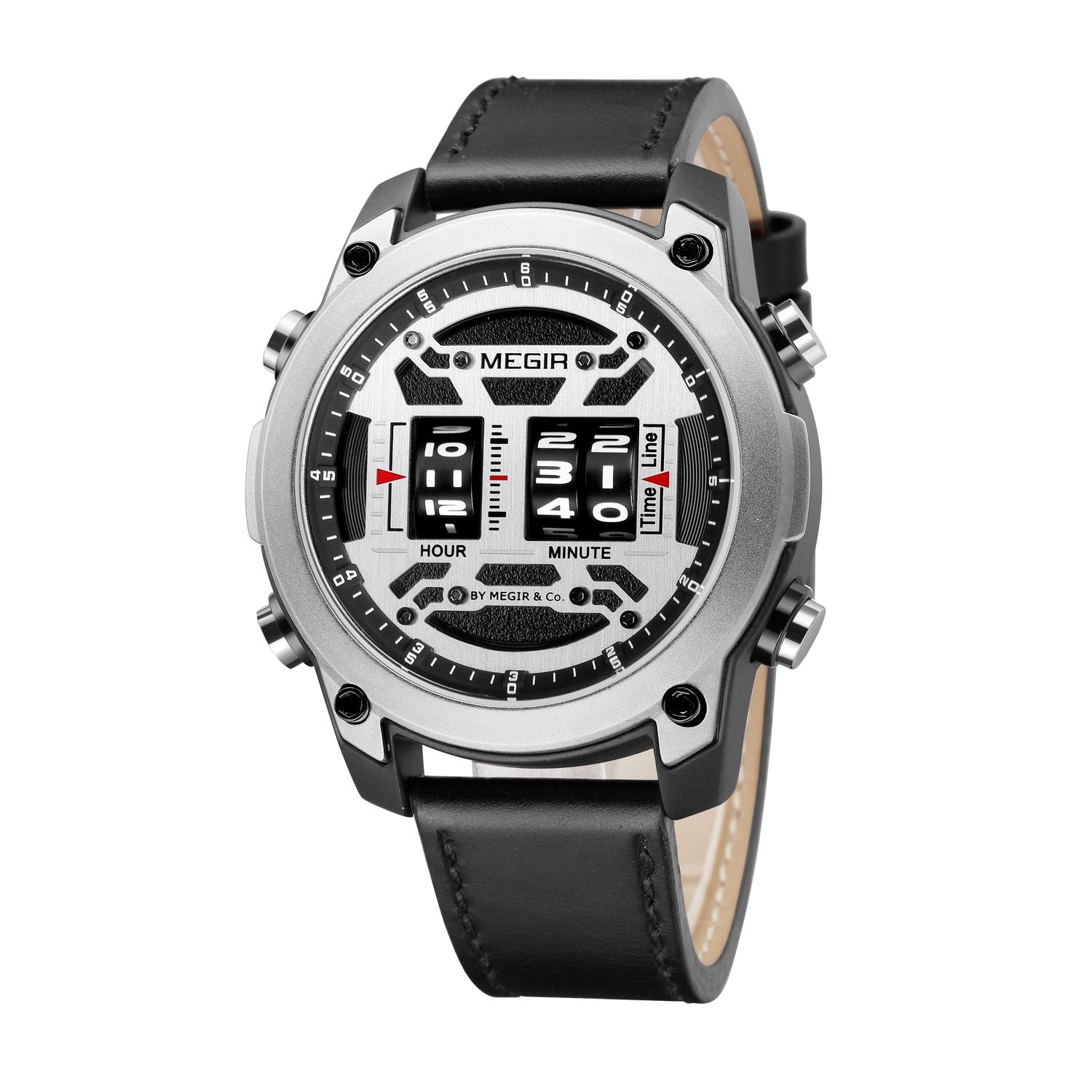 MEGIR 2142 men's sport watch, silver case with white roller-barrel dial and black leather strap, three-quarter view