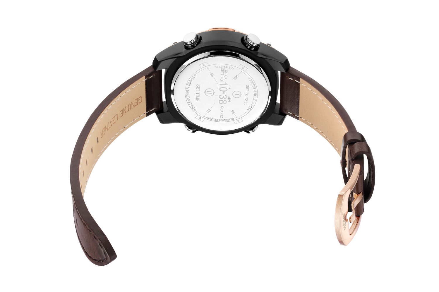 MEGIR 2142 men's sport watch caseback with engravings and brown leather strap with buckle