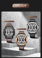 MEGIR 2142 men's sport watch colour display showing rose-gold, gunmetal and silver case options with leather straps