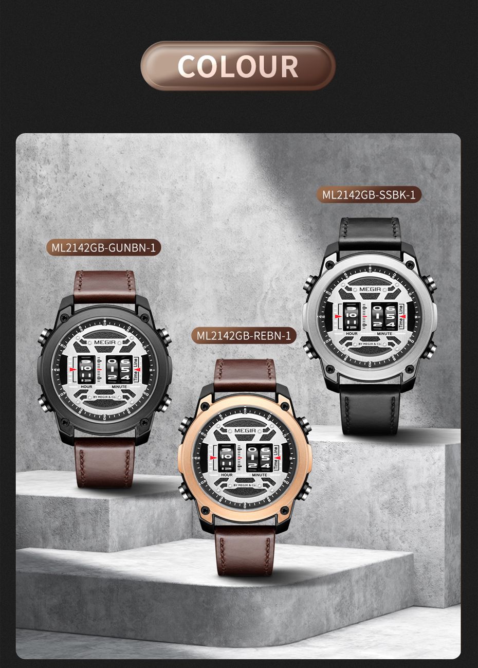 MEGIR 2142 men's sport watch colour display showing rose-gold, gunmetal and silver case options with leather straps