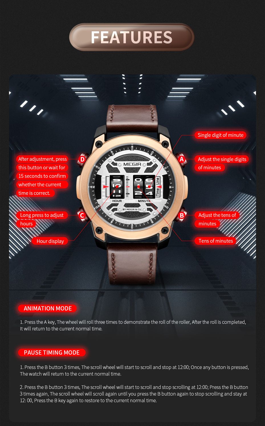 MEGIR 2142 men's sport watch features graphic showing the hour and minute adjustment buttons